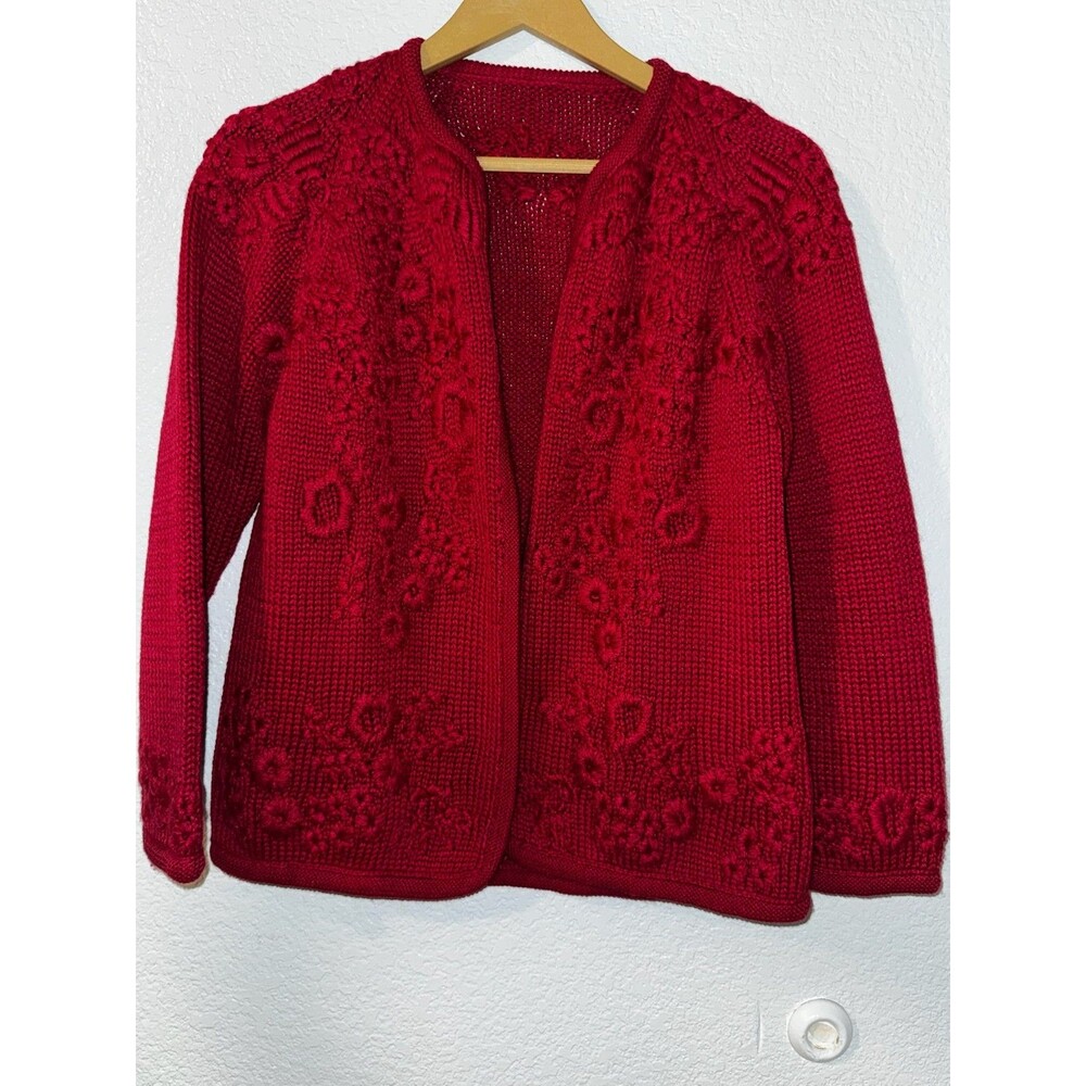 Red Floral Embroidered Size S Knit Cardigan Open Front Cottagecore Sweater